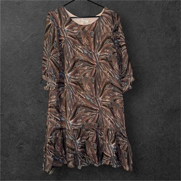 Marsodi Lux Sz L Womens Feather Print Tiered Flowy Long Sleeve Ruffle Dress Boho - Picture 3 of 5